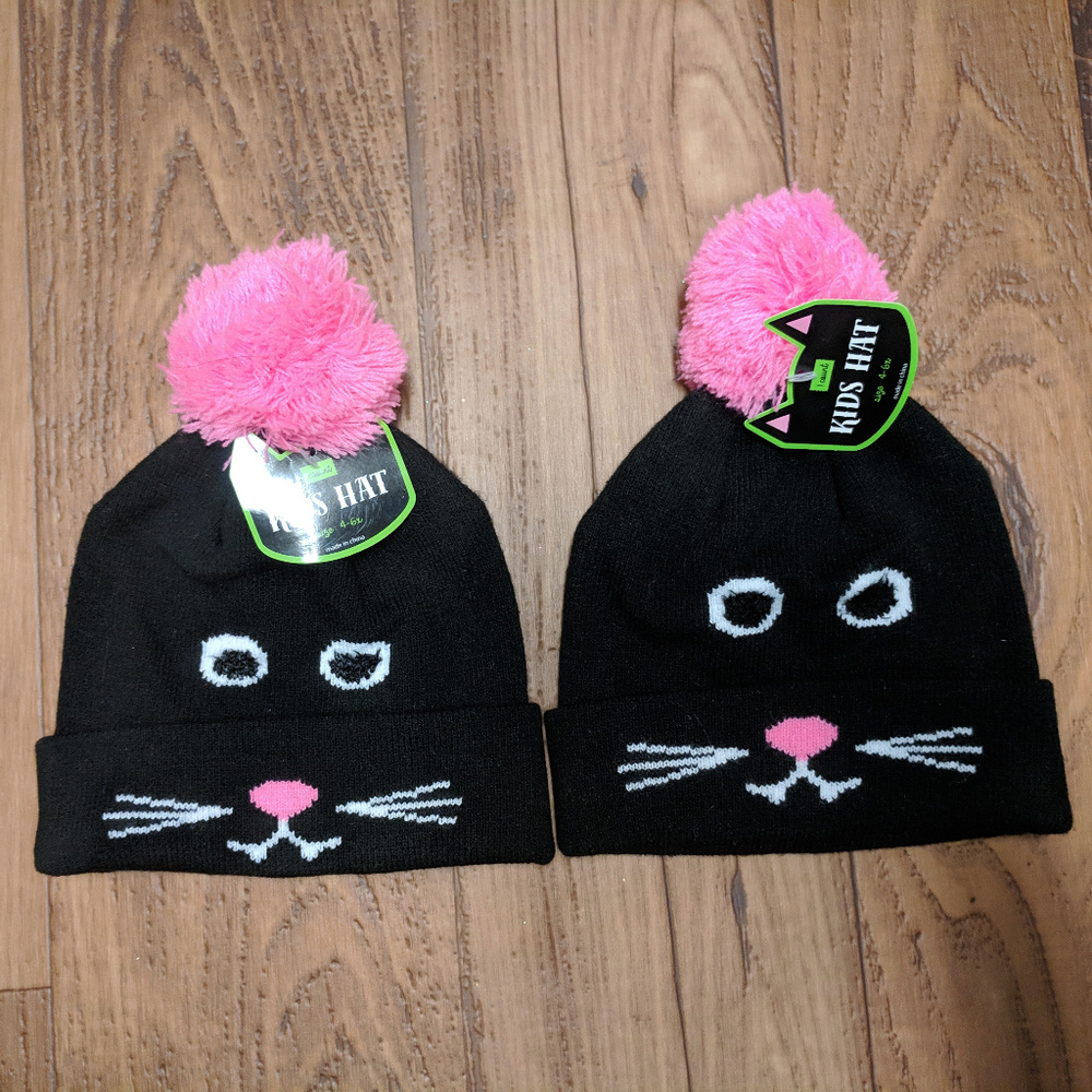 NWT 2 pieces Cat Fcae Knit Beanie with Pompom